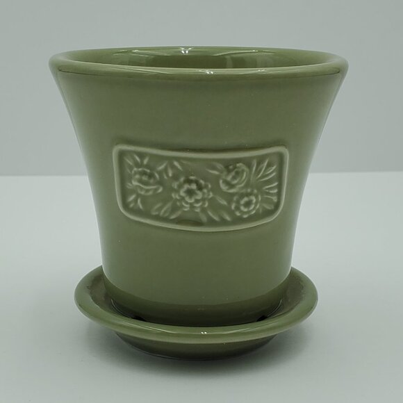 Longaberger Pottery Sage Green May Series Peony Flower Pot with Attached Saucer - Picture 1 of 8